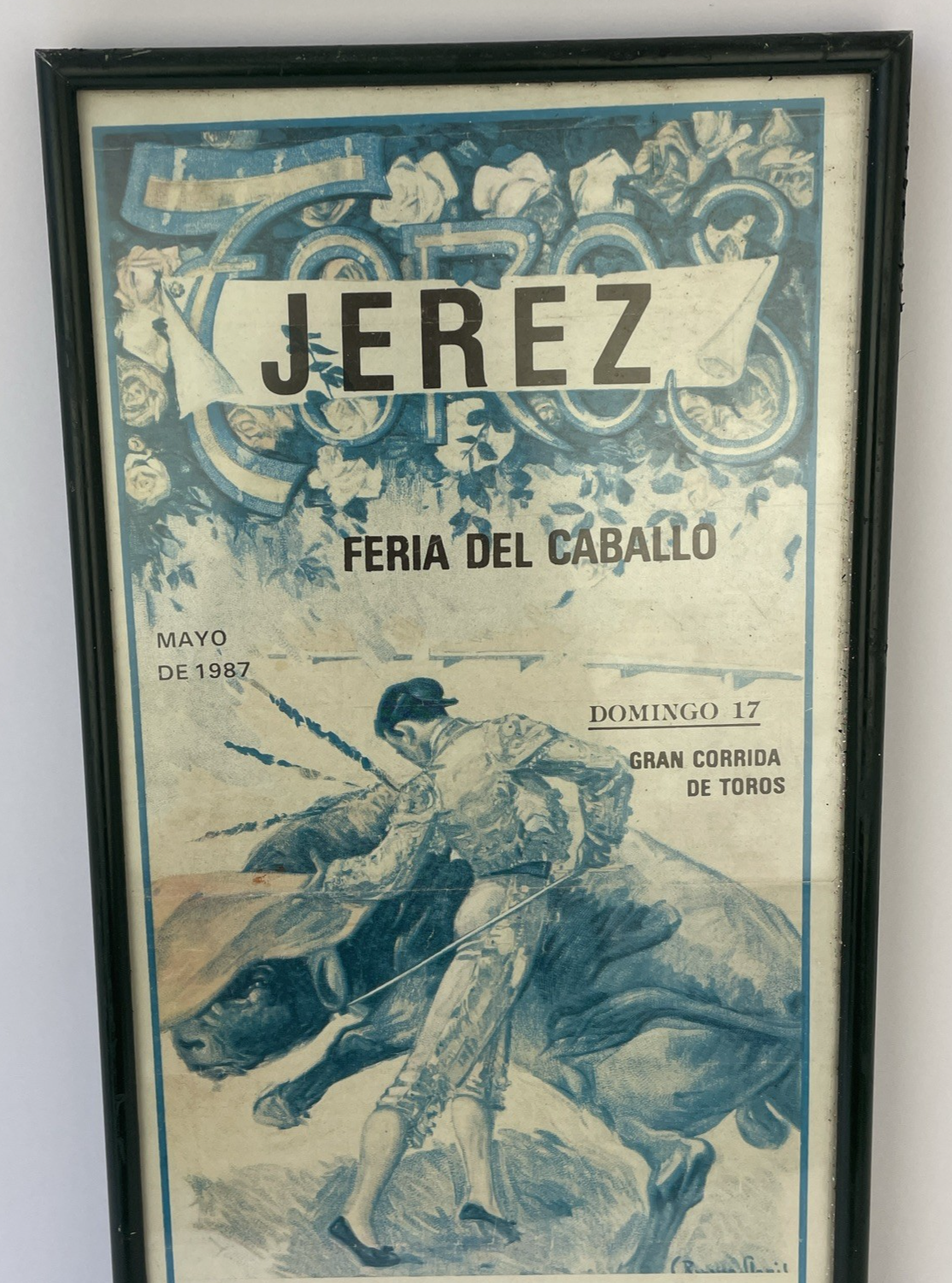 JEREZ Feria Del Caballo SPAIN Bullfighting Framed Vintage Poster 1987 19" x 8"