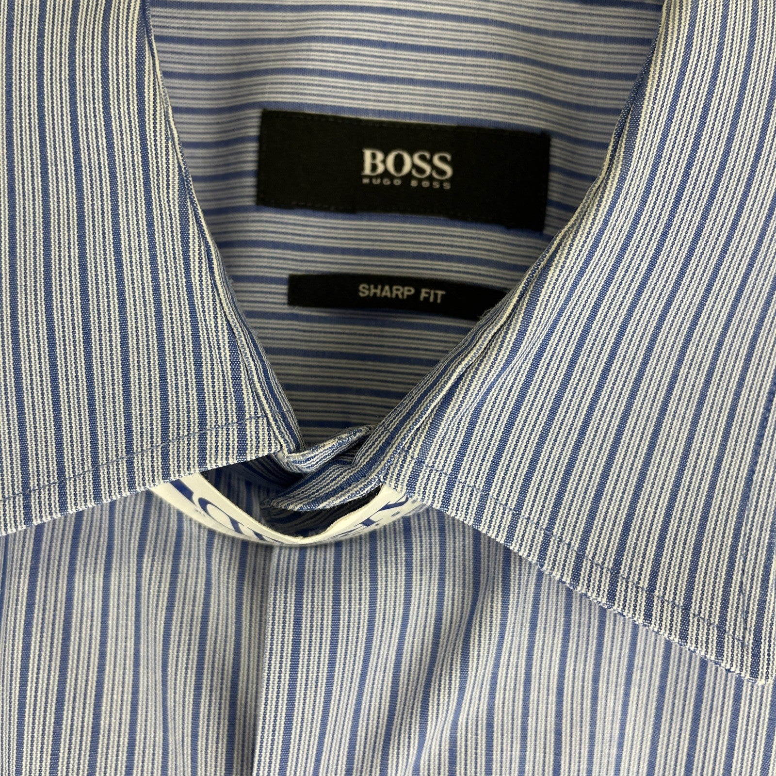 BOSS Hugo Boss Shirt Mens Sz 16 34/35 Blue Stripe Sharp Fit Dress Long Sleeve