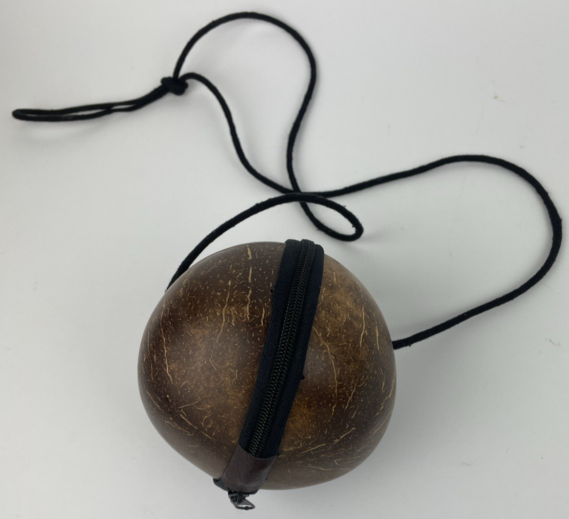 Real Coconut Purse Folk Art Couture Vintage Hand Made with Zippered Closure