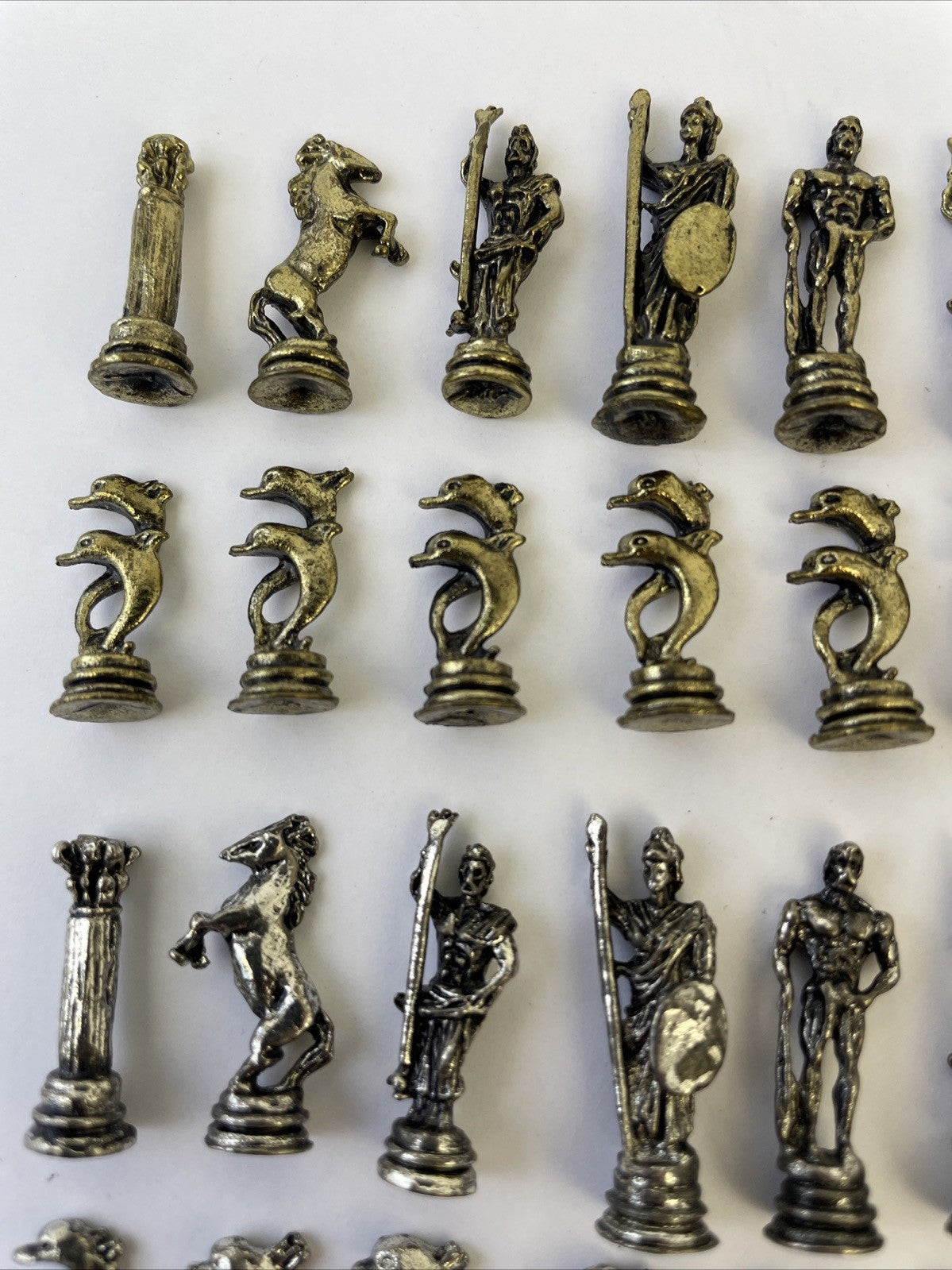 Vintage Miniature Neptune Fantasy Theme Pewter Chess Pieces Full Set Gold Silver