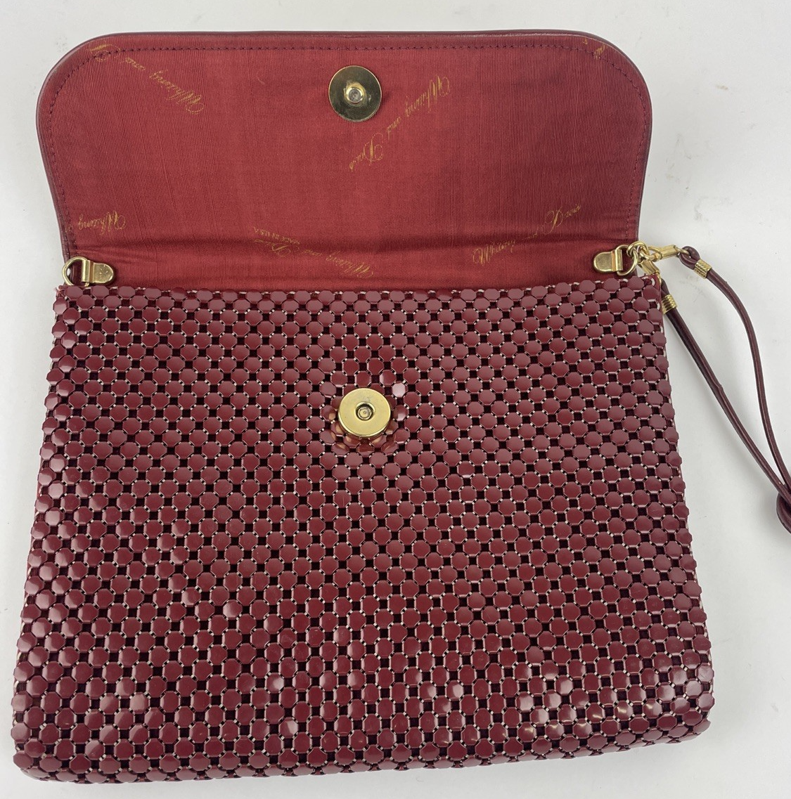 Whiting & Davis Burgundy w Red Mesh Clutch Metal Evening Bag Chainmail Hallmark