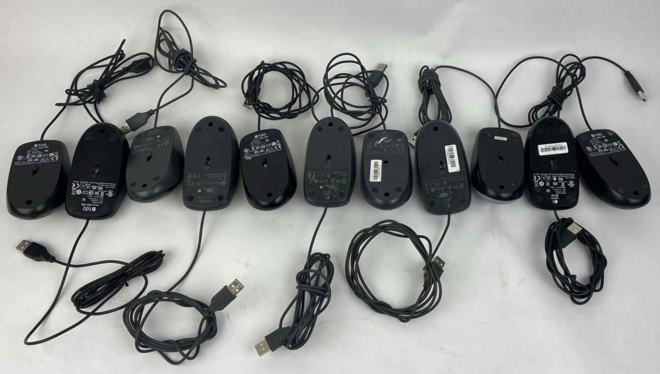 Lot of 11 Logitech Optical Corded Mouse USB 3 Button Computers B100 M100 Assorte
