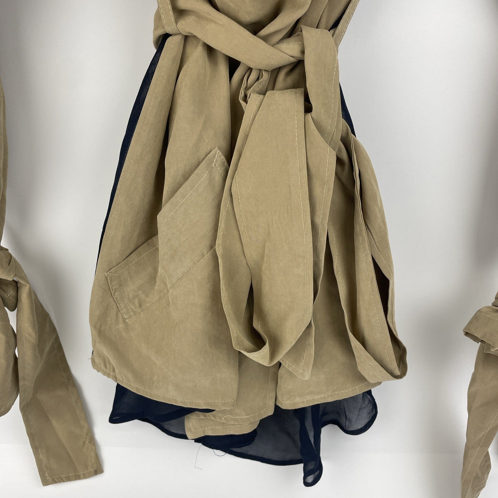 Audrey Belted Cropped Tan Trench Coat w Wide Lapels Sheer Nany Mesh Back Sz M