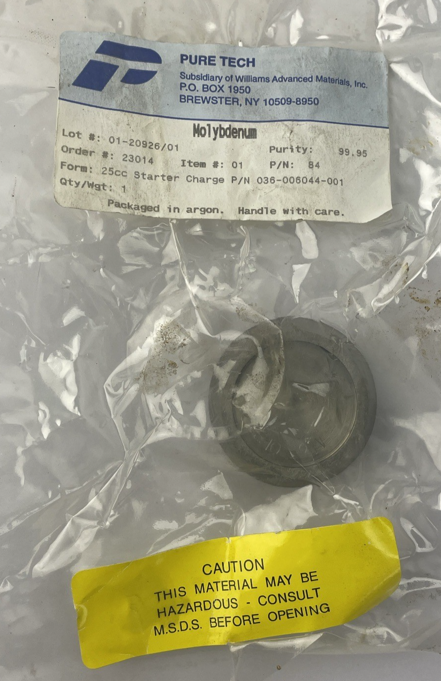 PURE Tech 99.95% Pure Molybdenum (Mo) Metal 25cc Starter Charge 036-006044-001
