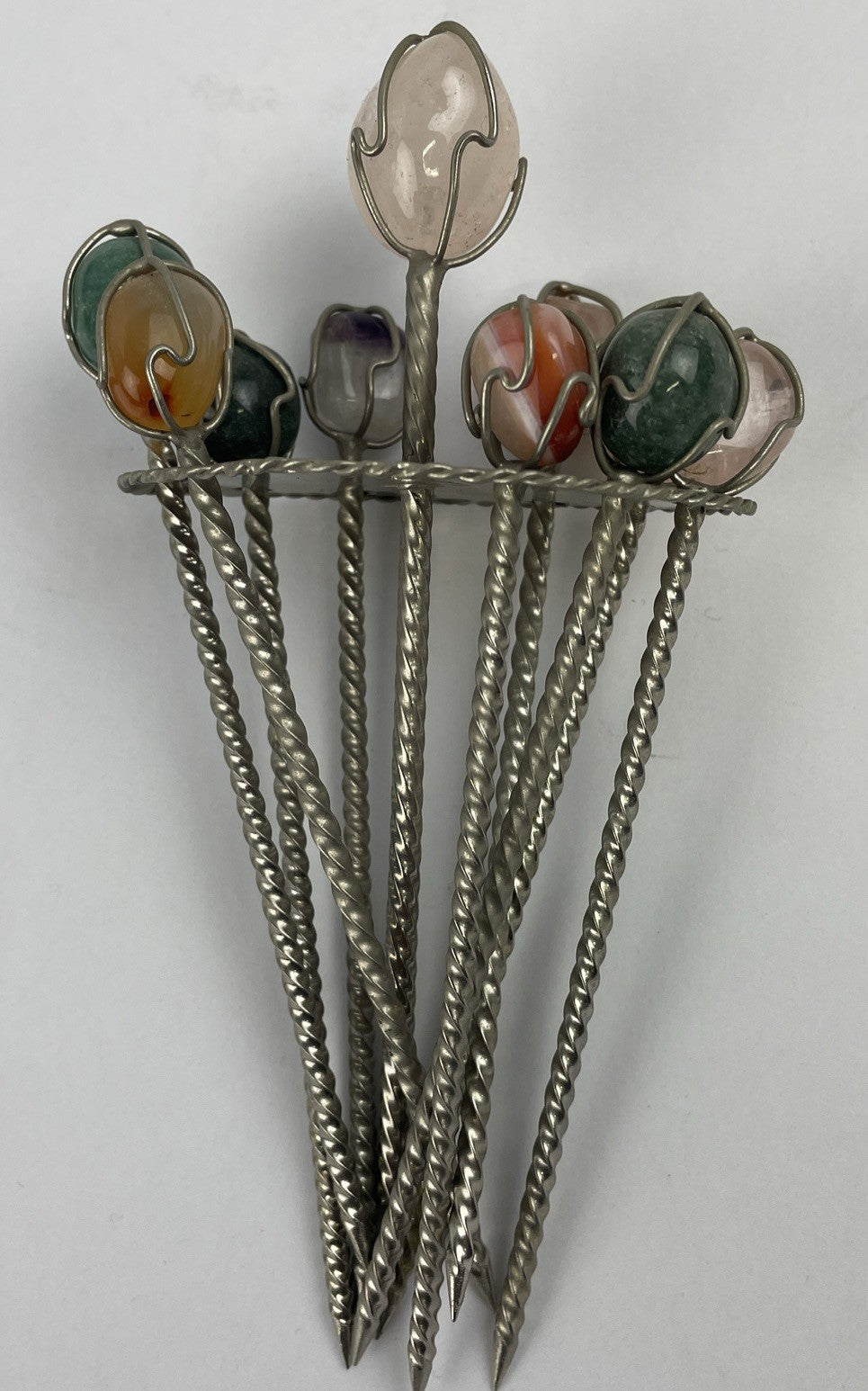 Vintage POLISHED AGATE TOP SET OF 9 SILVERPLATE Party HORS D'OEUVRE PICS 4"