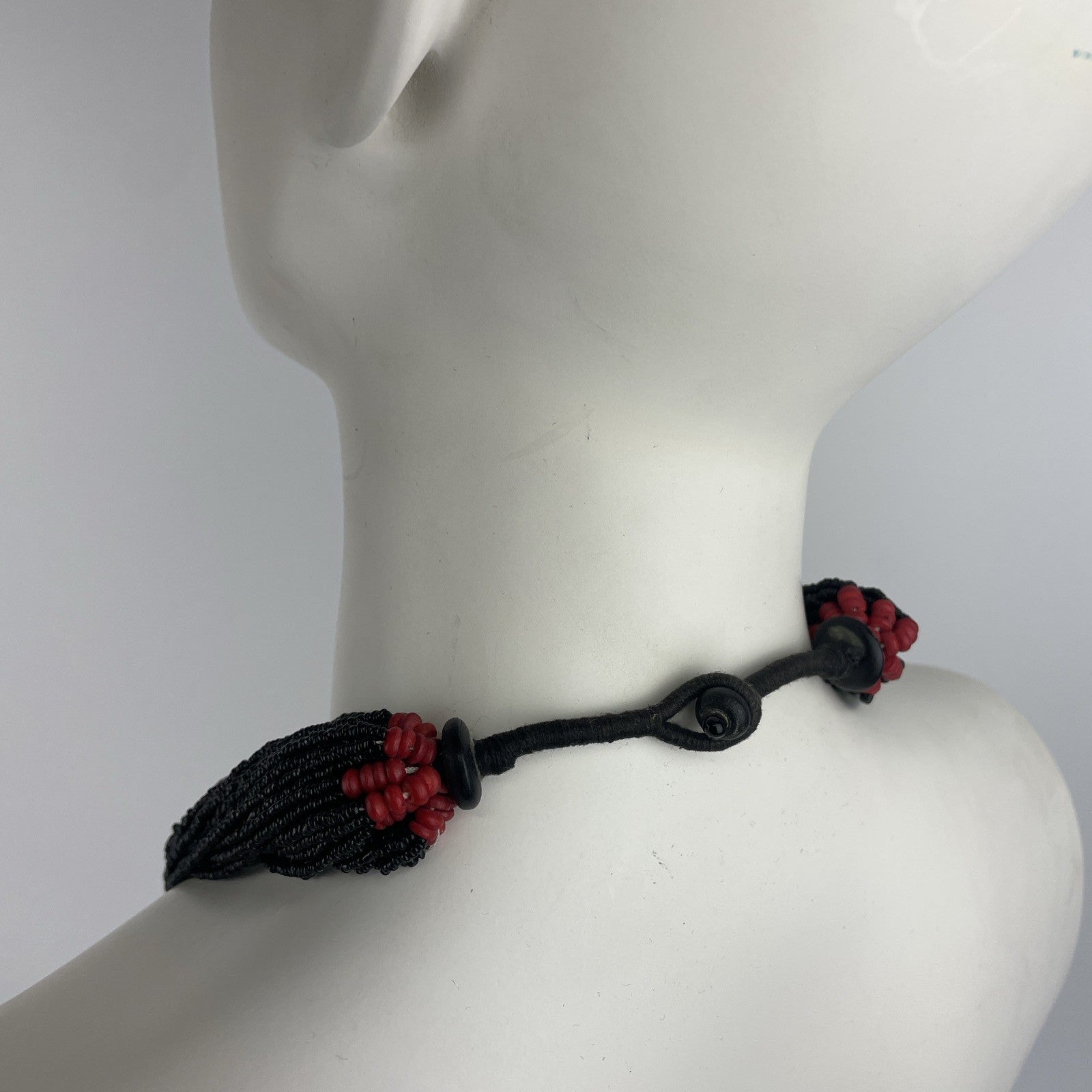 Vintage Naga Collar Necklace Multi Strand Black / Red Seed Beads Chunky 25”