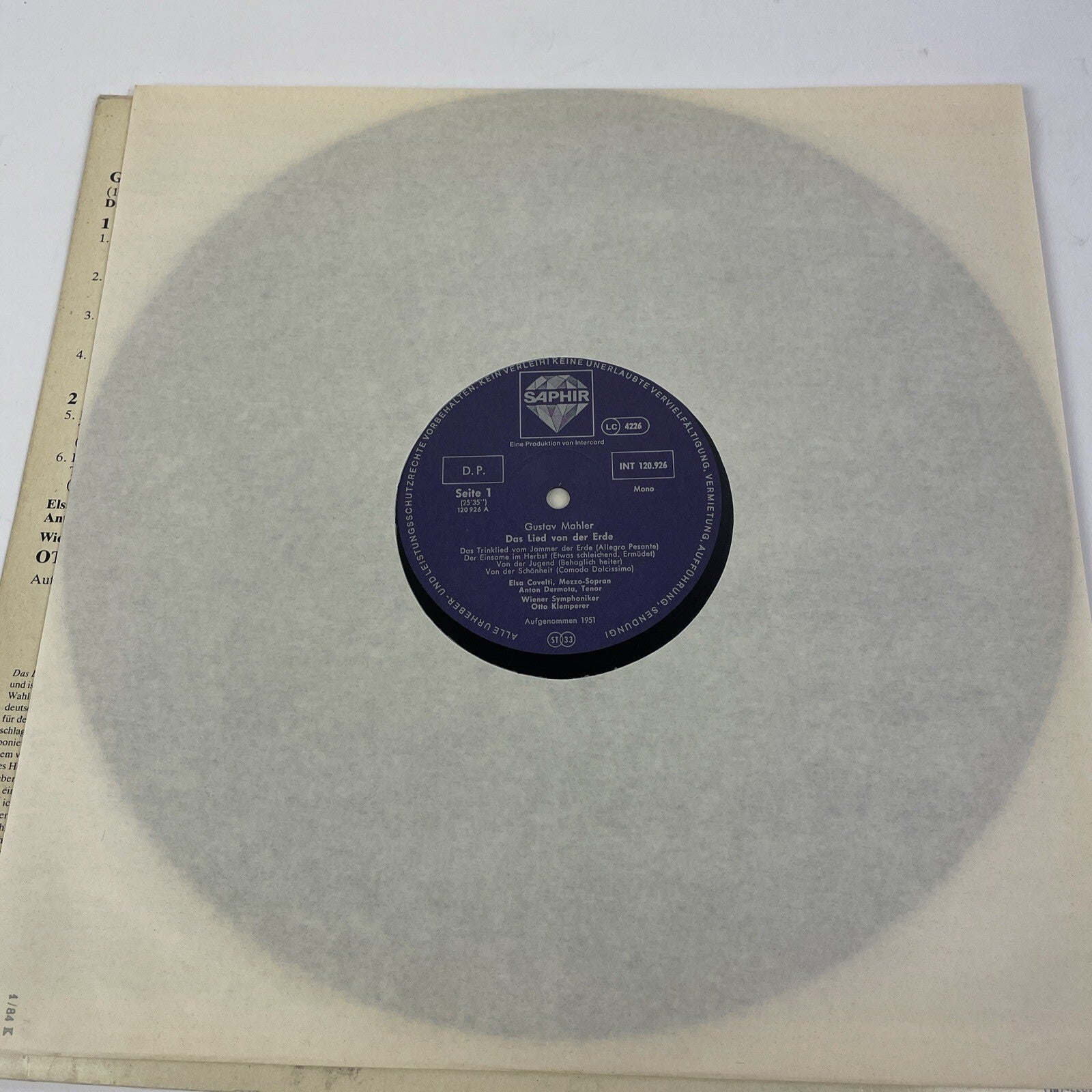 Gustav Mahler : Das Lied von der Erde Saphir Records Intercord Klassische Disco