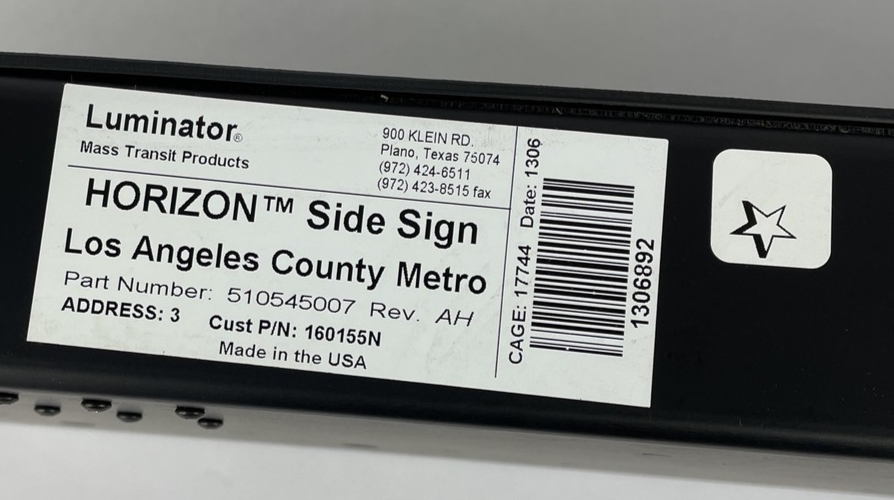Luminator Horizon Bus Side LED Destination Sign, 7" x 44" Display w Brackets