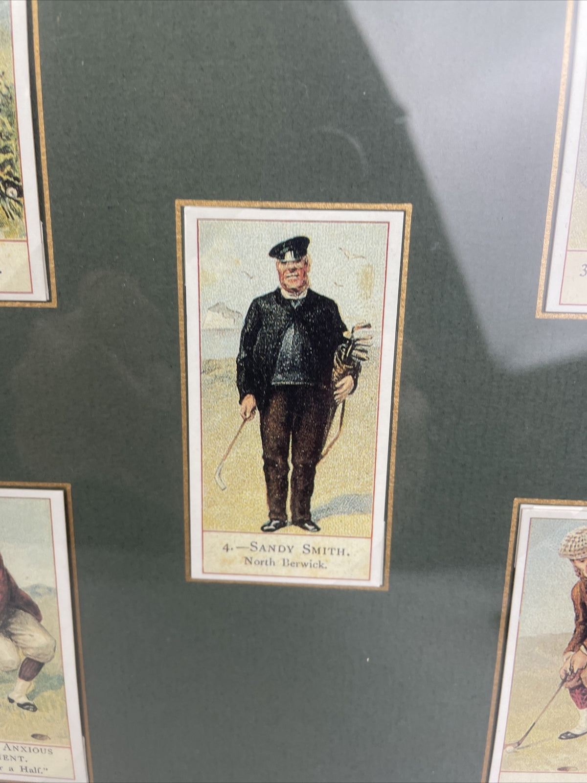 Framed and matted collection of 18 vintage style cigar tobacco golf trading cards with historical information display artwork collectible memorabilia
