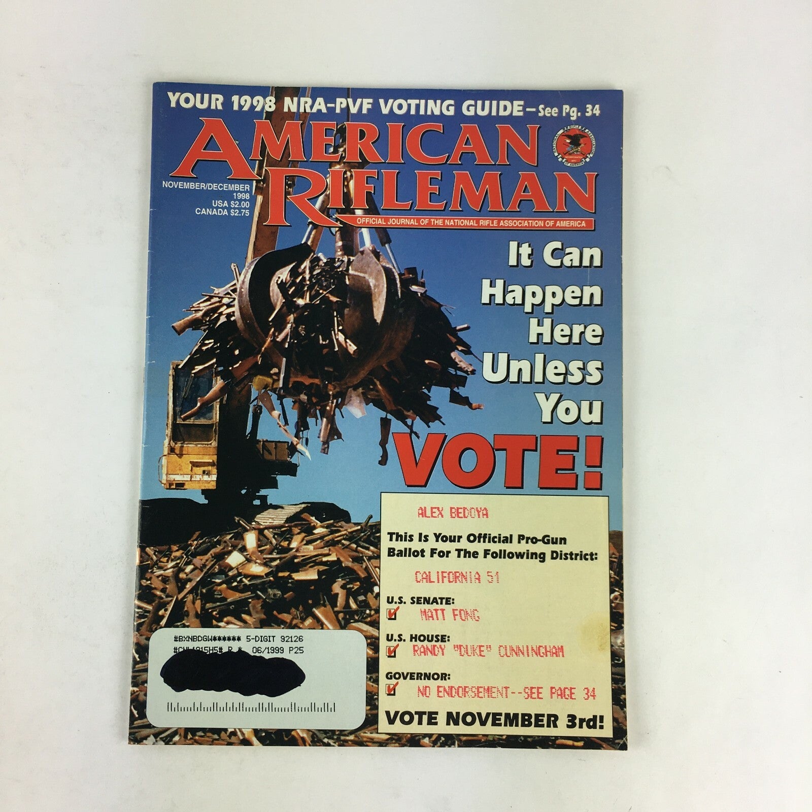 December 1998 American Rifleman Magazine It Can Happen Here Unless You Vote!