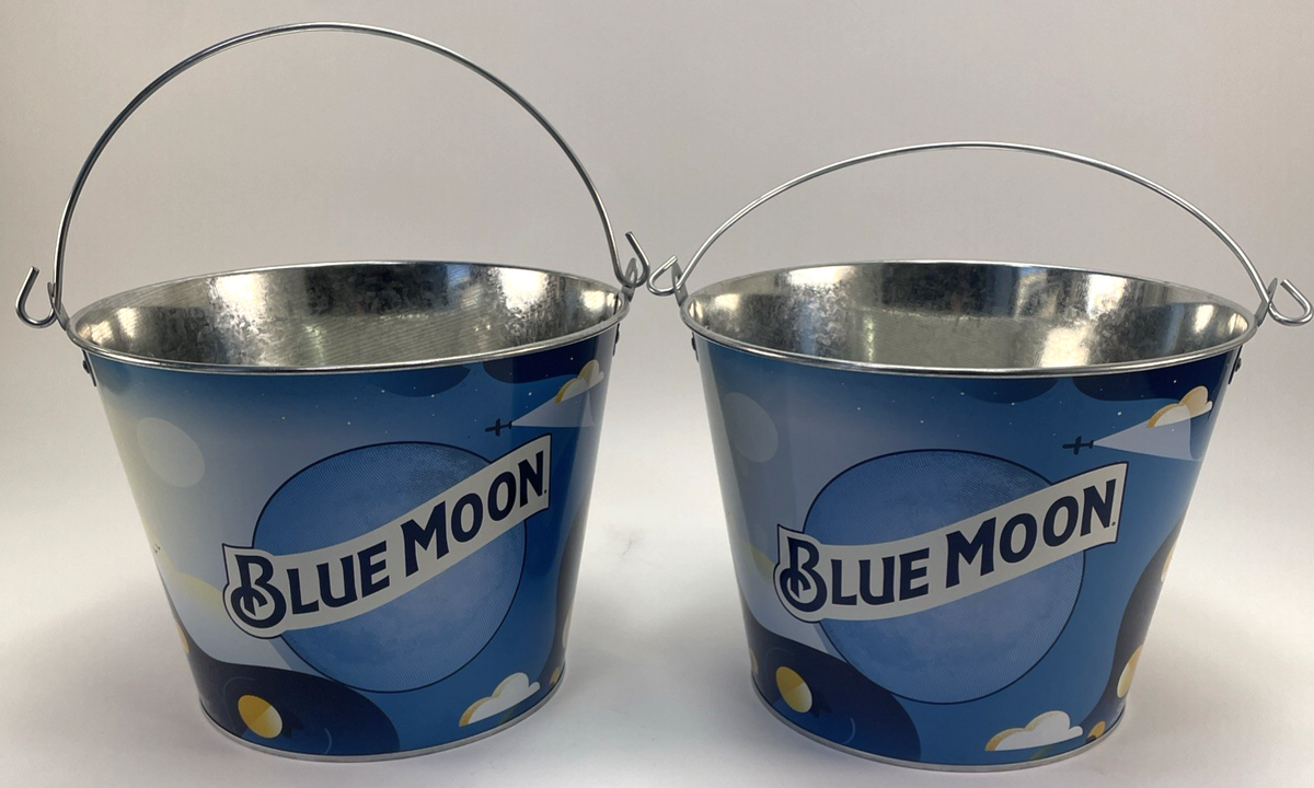 2 x Blue Moon Metal Beer Beverage Drink Ice Cooler Bucket with Handle 7" x 9"