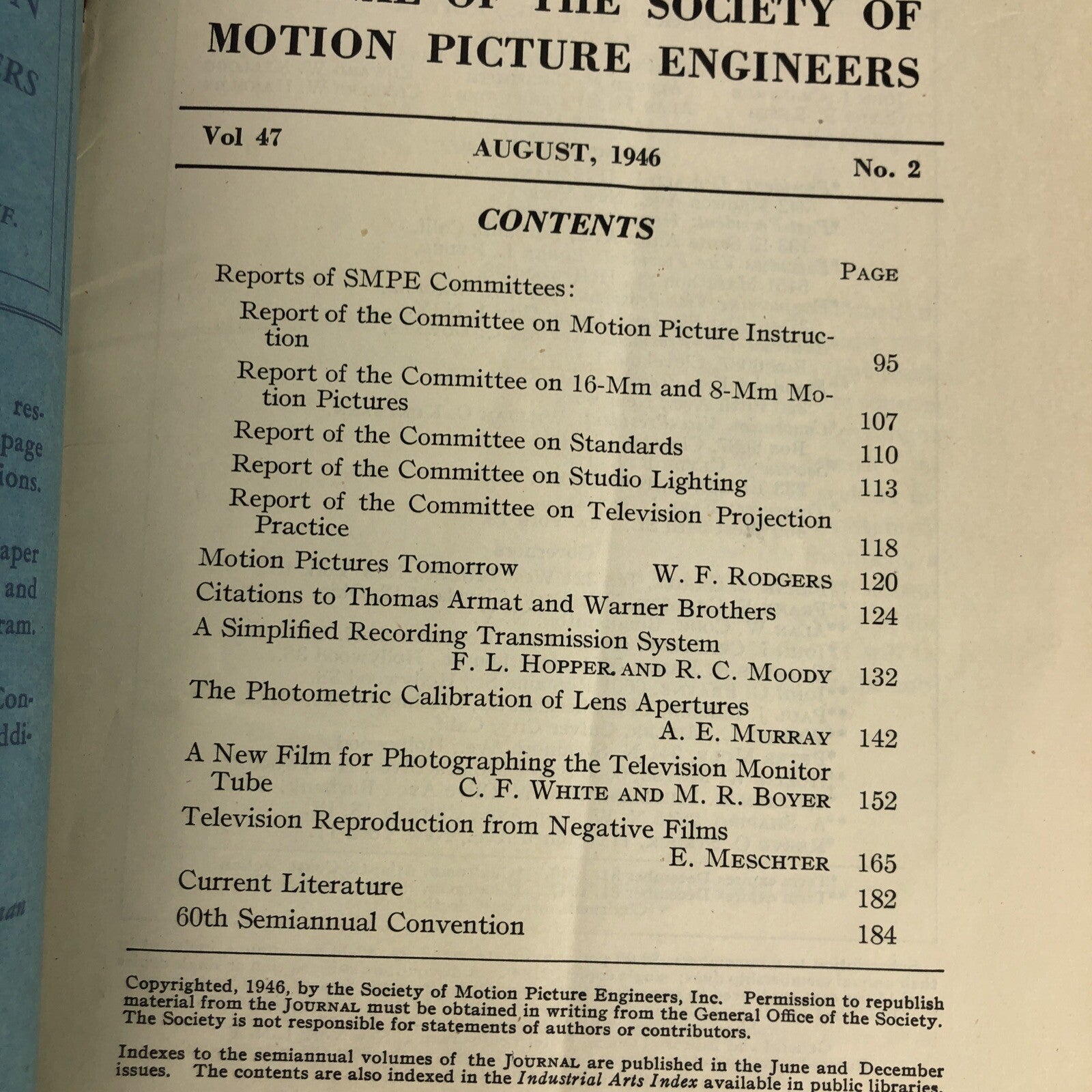 SMPE Journal Of The Society Of Motion Picture Engineers August 1946 VOL 47 No 2