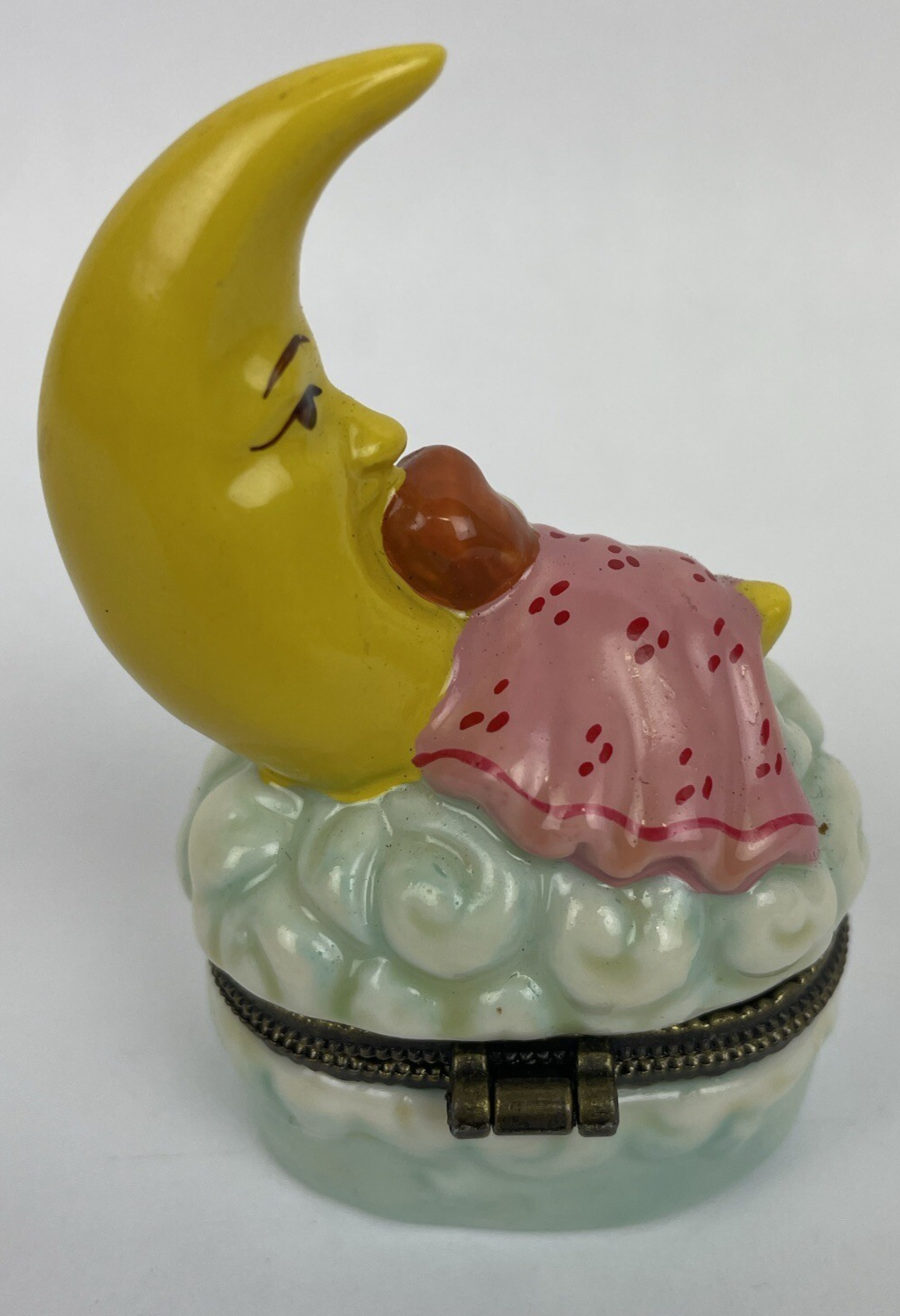 Vintage Nationalfun Moon & Baby Hinged Ring Trinket Jewelry Box w Pacifier