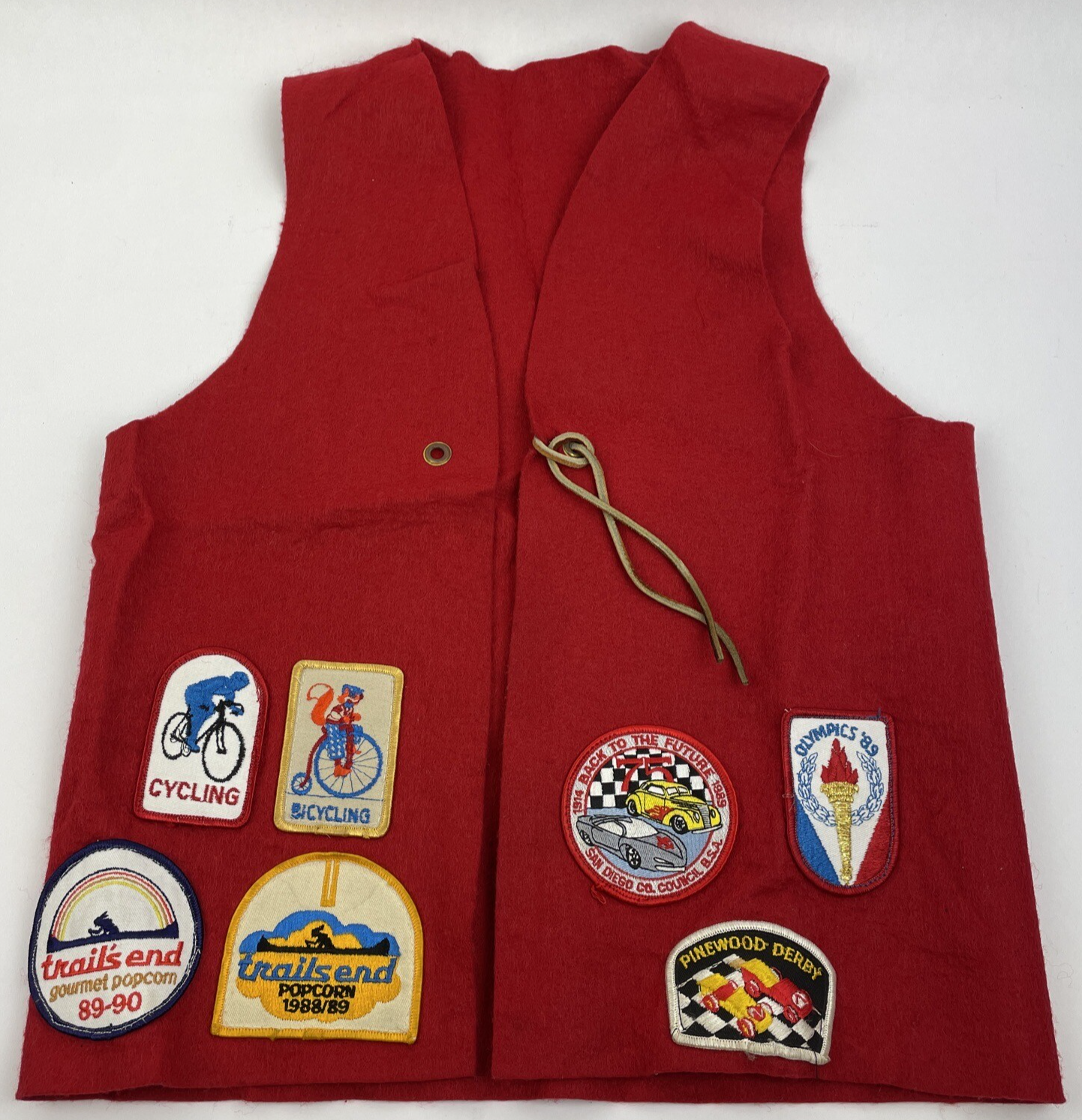 Vintage 1980's Red Felt Boy Scout Vest With 7 Patches 89 Olympics Pinewood Derby