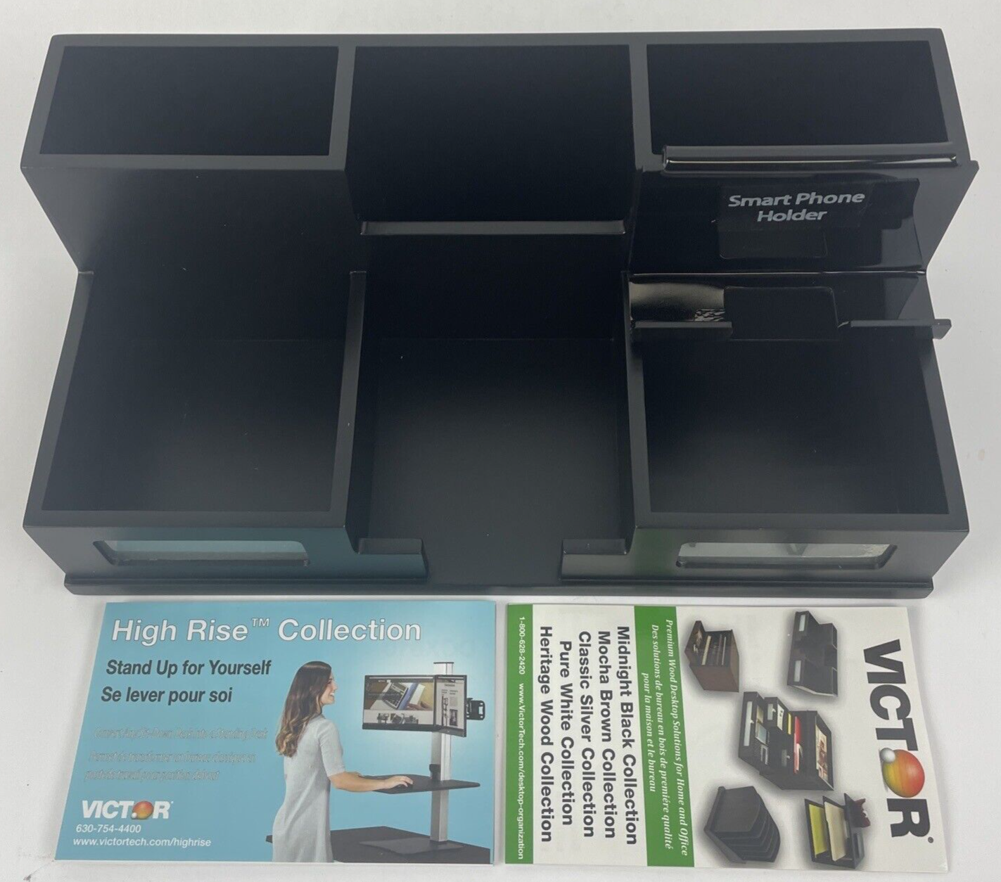 Victor Desk Organizer with Smart Phone Holder Wood Desktop Storage Black - NEW