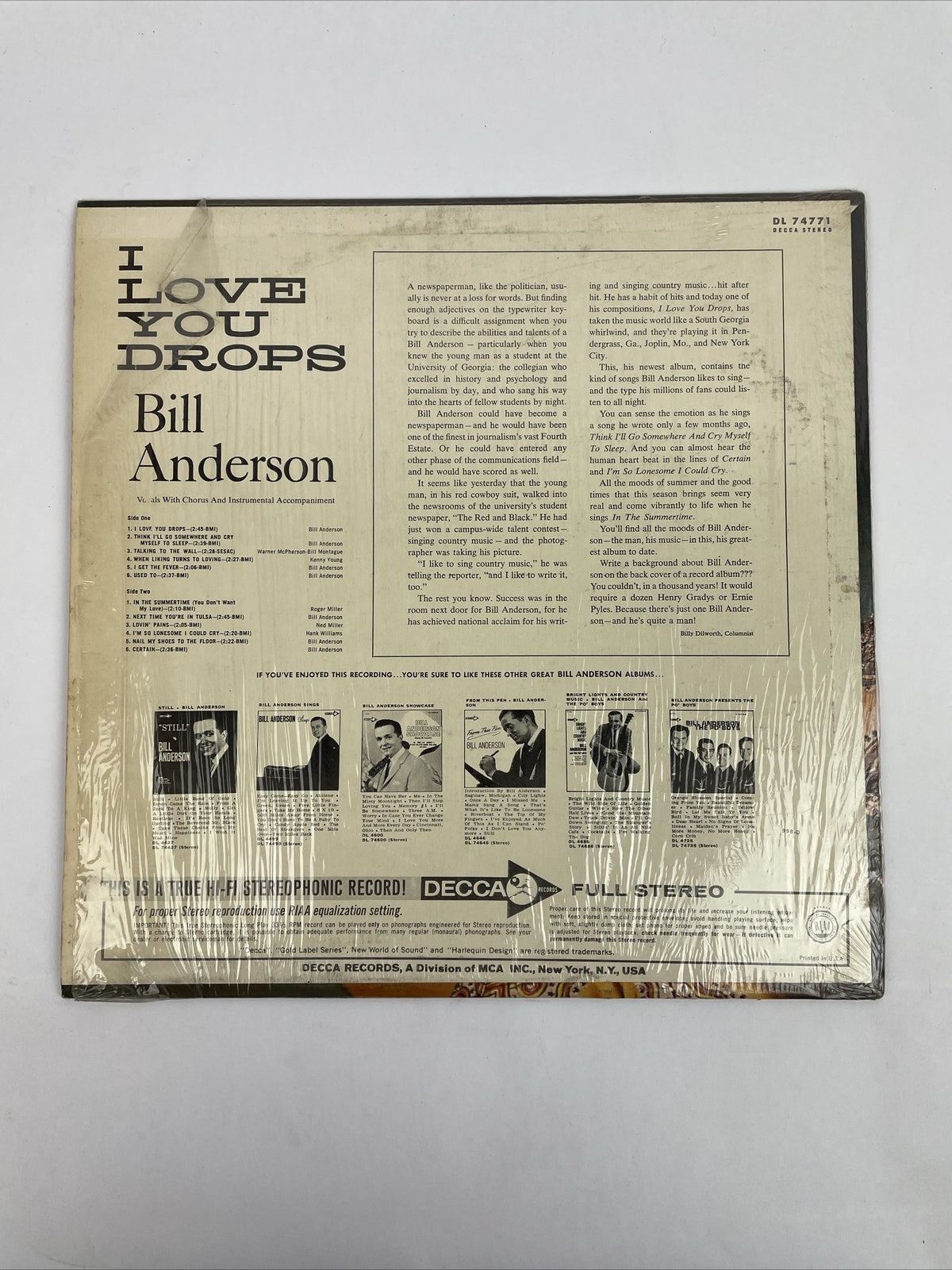 Bill Anderson I love you Drops -Stereo LP Vinyl Records 33 RPM DECCA DL 74771