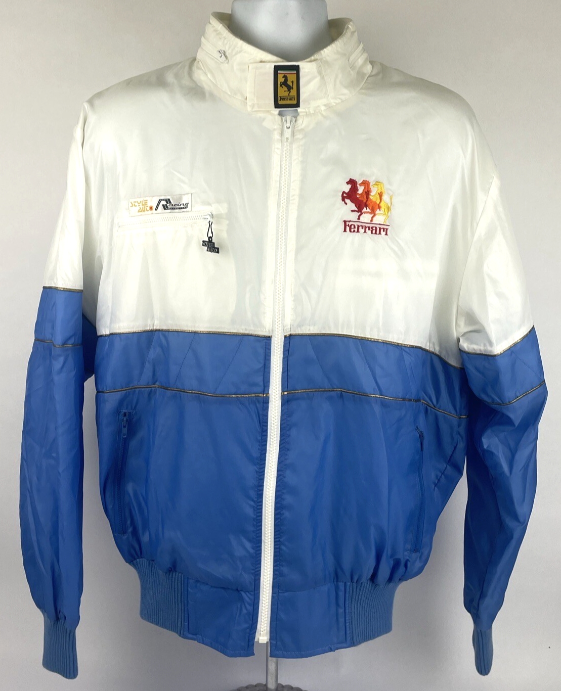 Vintage Style Auto Ferrari Racing Jacket Mens Medium Satin Baby Blue White VGC