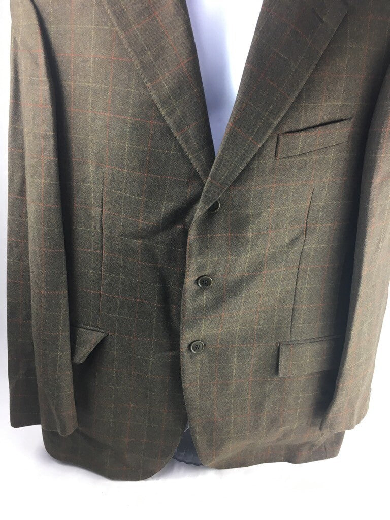 Faconnable Mens Suit Jacket Brown Windowpane Notch Lapel Wool Blend 54 US 44