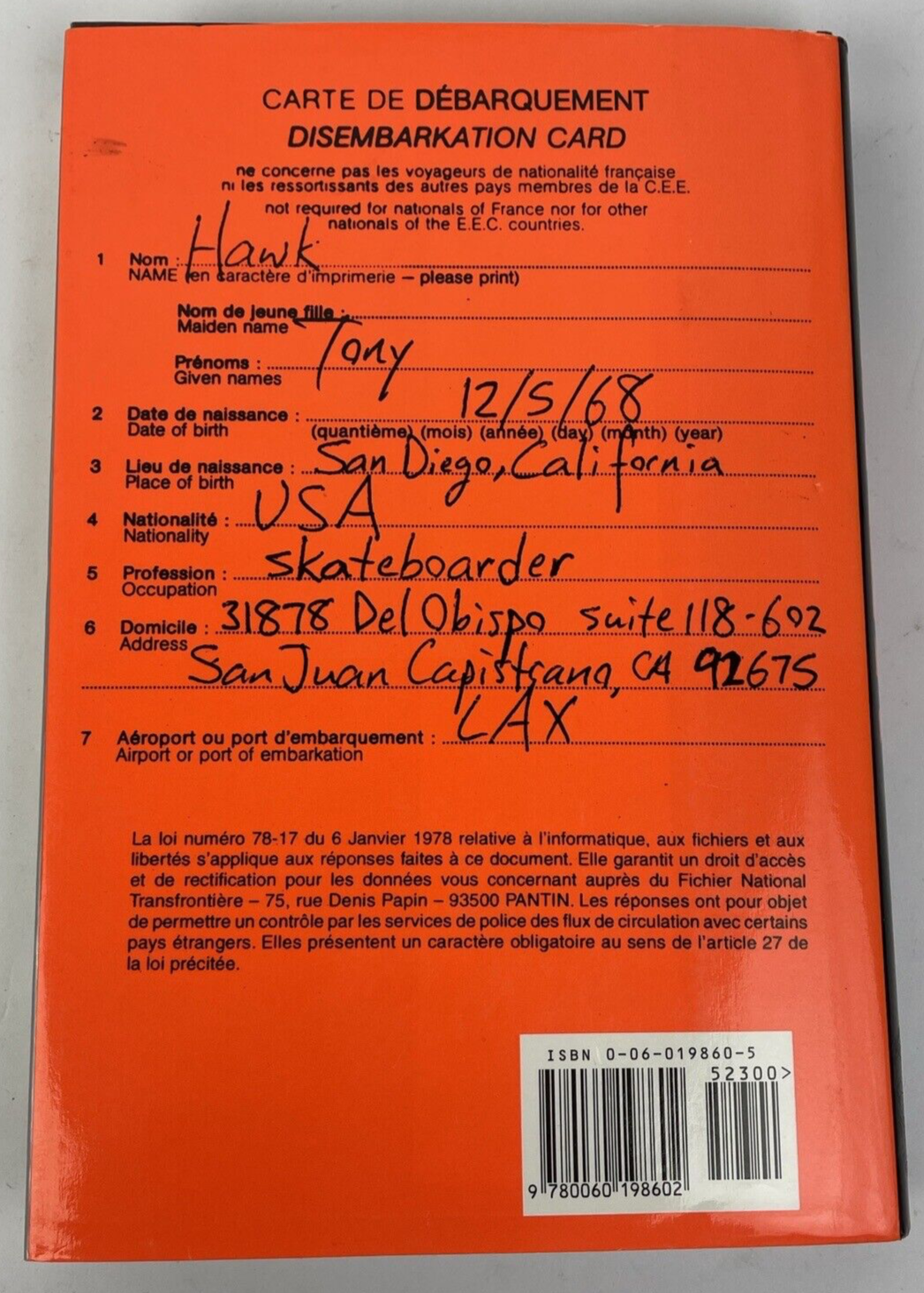 Hawk Occupation : Skateboarder 2000 HC Hard Cover Book Signed .....to Jennifer