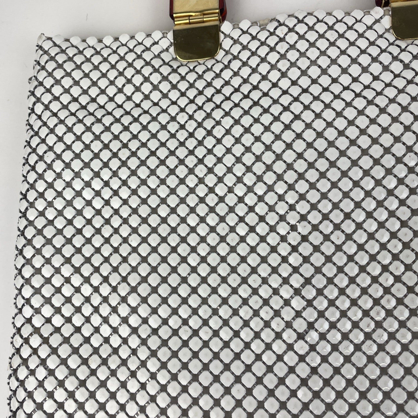 Vintage White Aluminum Metal Mesh Purse W/ Lucite Amber Handles Magnetic Closure