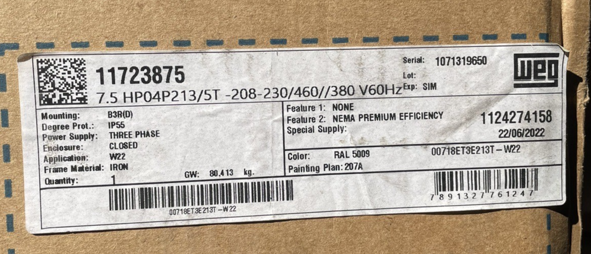 WEG 7.5HP MOTOR HP04P213/5T 230/460 380V 60Hz 3 Phase B3R(d) Mount