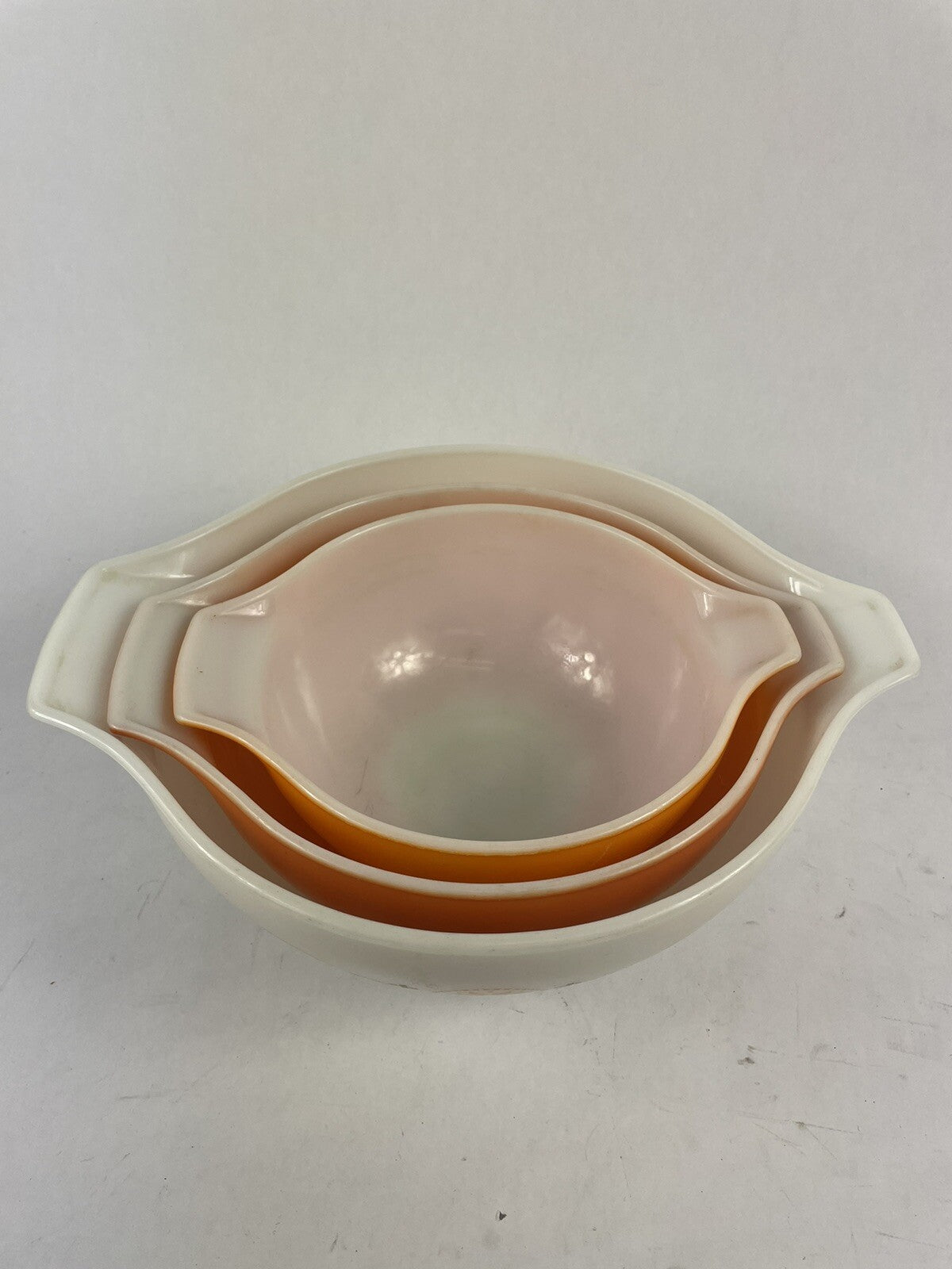 VTG Pyrex Gooseberry Cinderella Nesting Bowl Set 3 Orange White 442-443-444