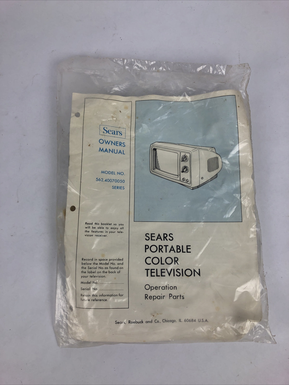 Vintage Sears Portable Color Television TV Model 562.40070050 OPERATING MANUAL