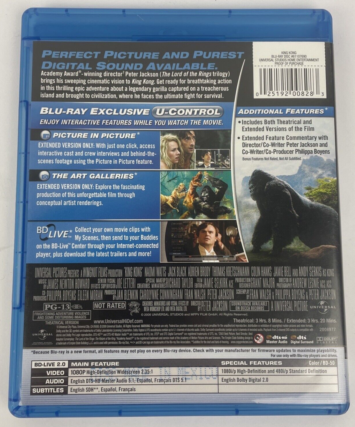 King Kong (2005) [Blu-ray Video ] - Dram Naomi Watts Jack Black - Mint Disc