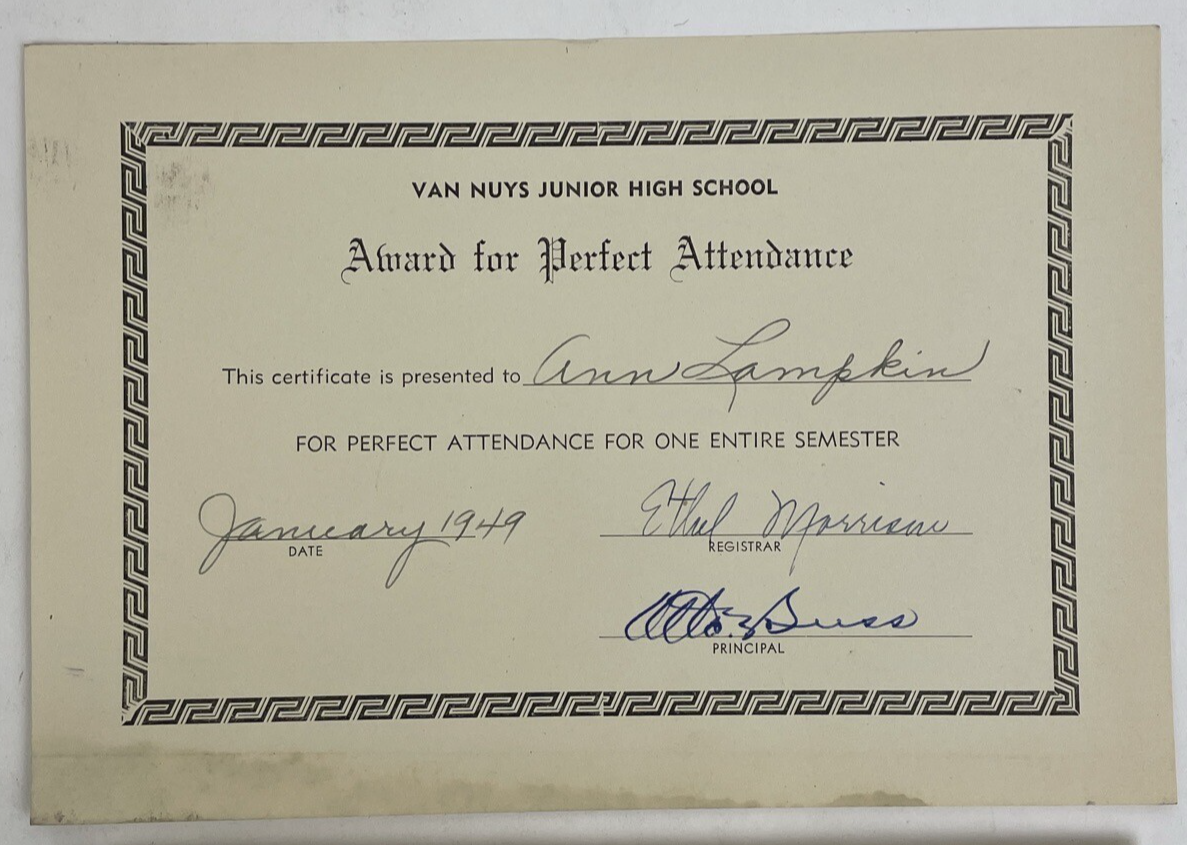 1949 VAN NUYS Junior High School Perfect Attendance Award + HS Service Cert.