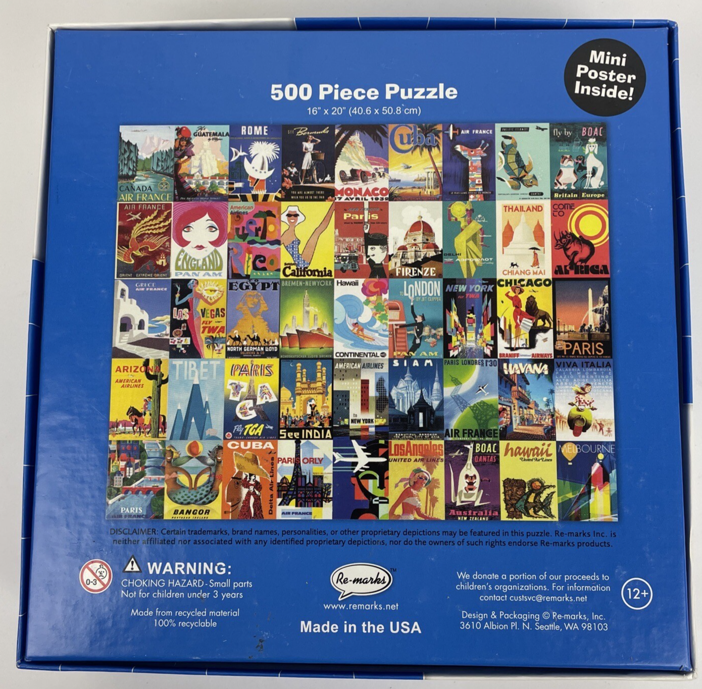 Travel Posters From Around the World 500 Piece Puzzle Re-marks Includes Poster