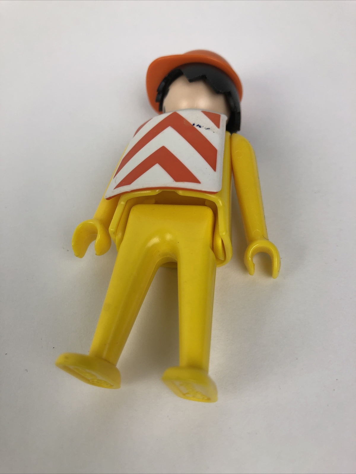 1974 Geobra Playmobill Yellow Clothes Orange Hardhat Black Hair 3" Figure w VEST
