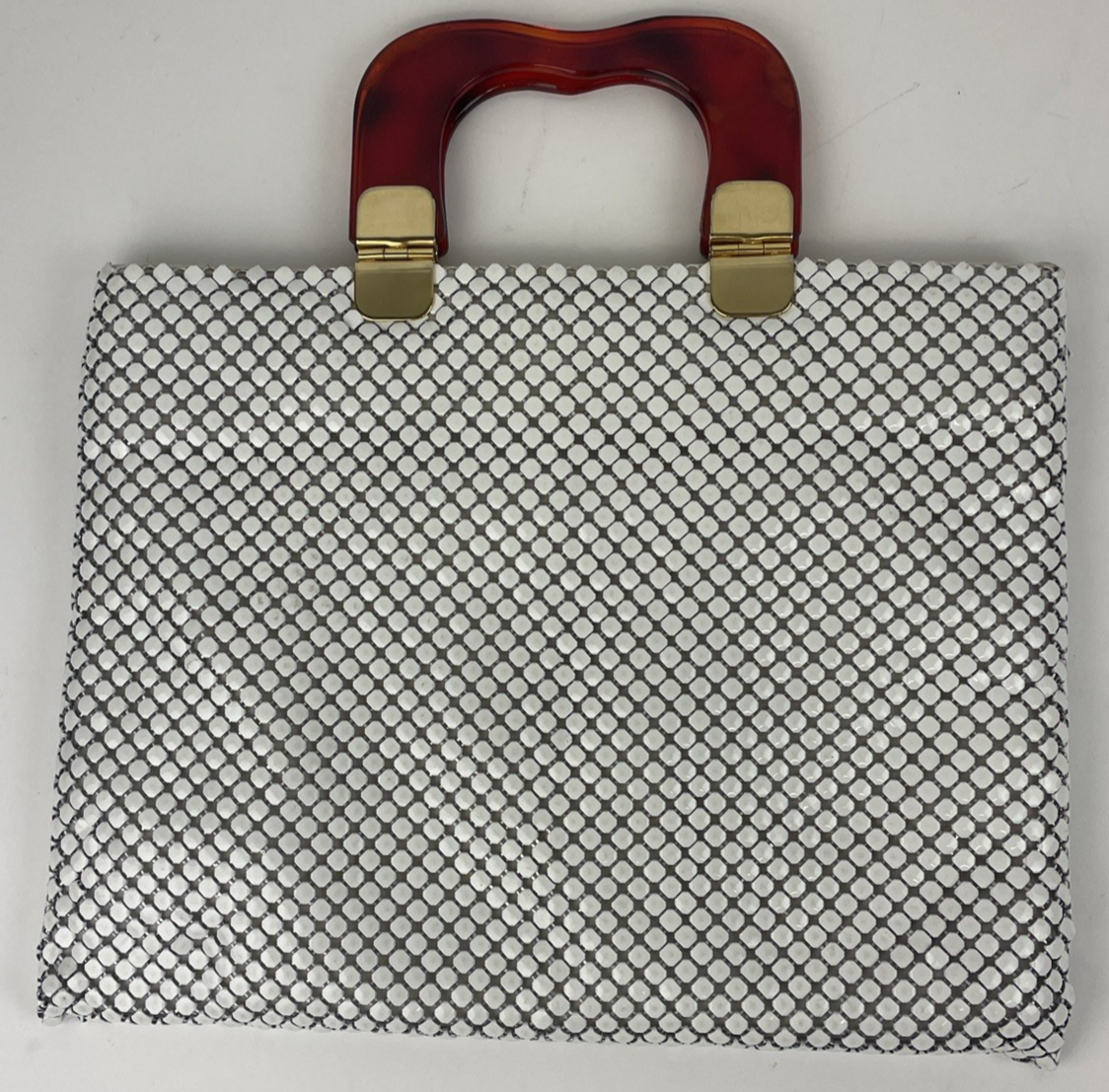 Vintage White Aluminum Metal Mesh Purse W/ Lucite Amber Handles Magnetic Closure