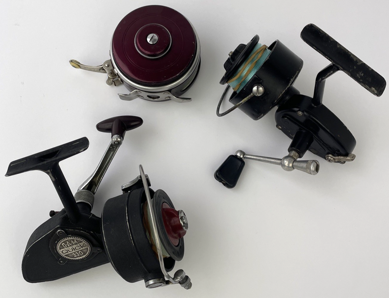 3 x Vintage Fishing Reels DAM QUICK 330 South Bend OREN-O-MATIC Mitchell Garcia