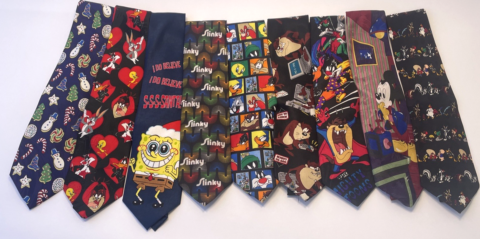 Looney Tunes, Disney, Sponge BOB, SLINKY Mens Neck Tie Bugs Bunny Taz LOT OF 9