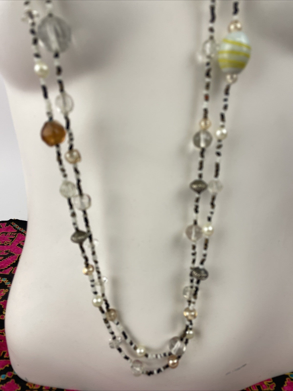 Vintage Colorful 2 Stranded Beaded Necklace with Multi Colored Rondelle Beads