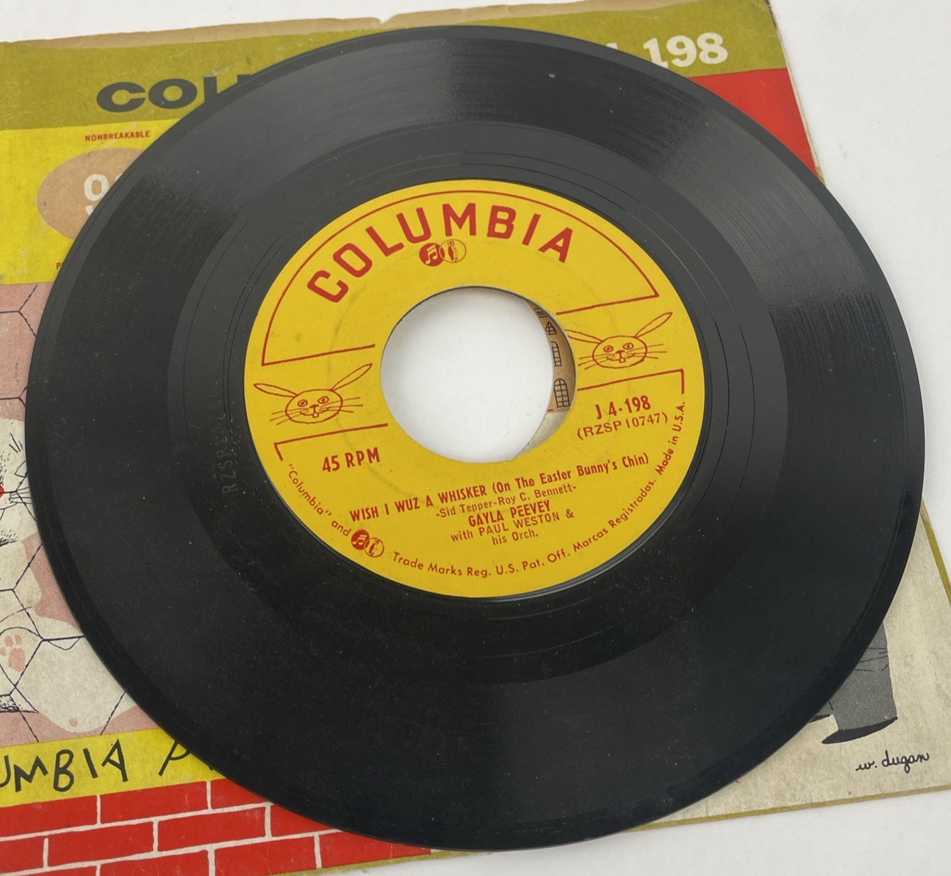 Columbia Records WISH I WUZ A WHISKER / Three Little Bunnies 45rpm 70s  J 4-198