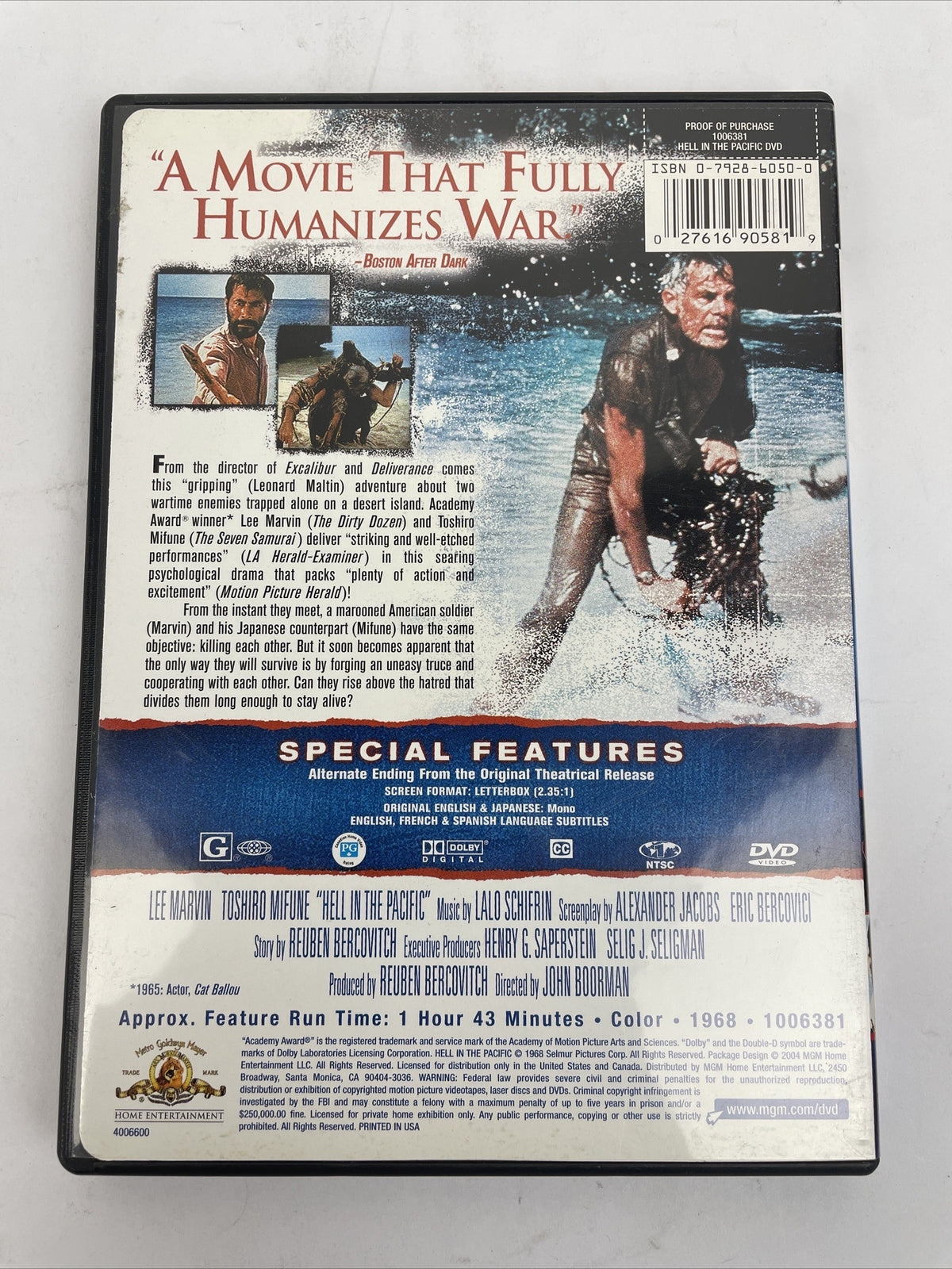 Hell in the Pacific DVD Video 1968 Lee Marvin Toshiro Mifune World War 2 MINT