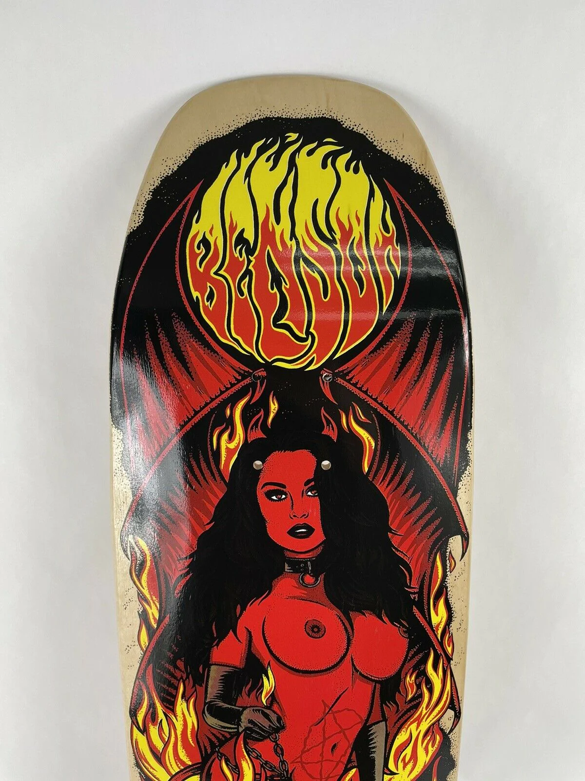 Death Skateboards Benson Red Devil Woman Pro 9-inch shovel pool skateboard deck with free grip tape and premium Canadian maple construction.