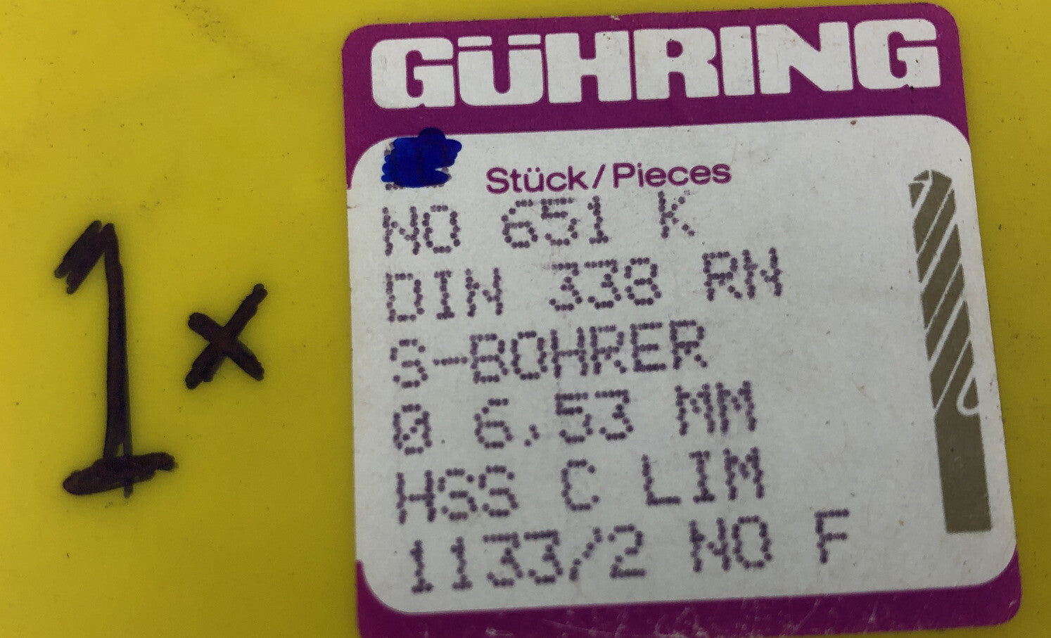 1 x GUHRING S-Bohrer 6.53mm DIN 338 RN - HSS C LIM Drill Bit # 651 K-  NEW