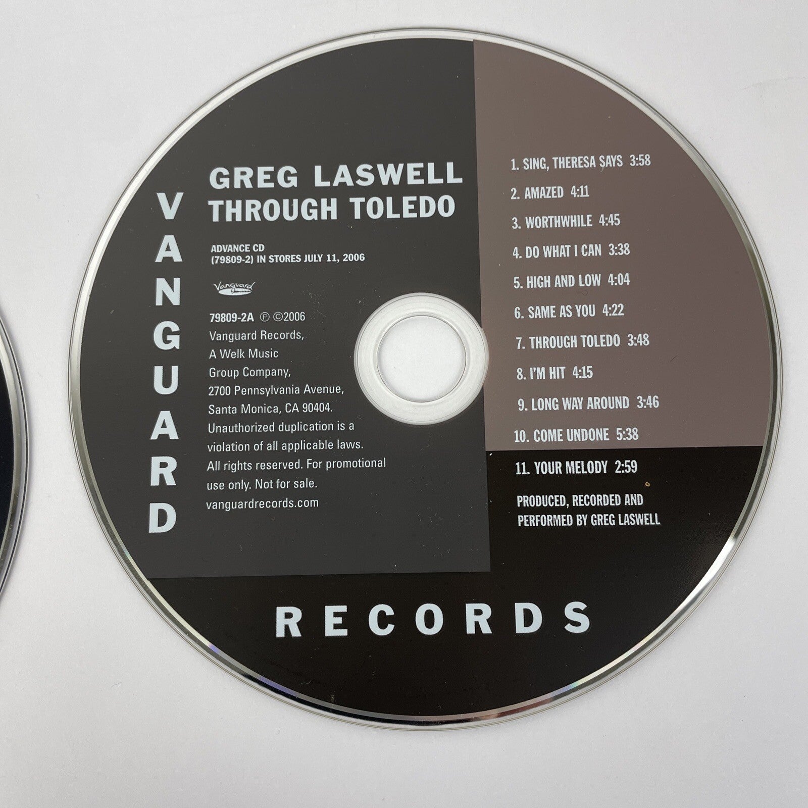 2 x Greg Laswell Audio CDs - Through Toledo, 2006 - Take A Bow, 2010 Vanguard