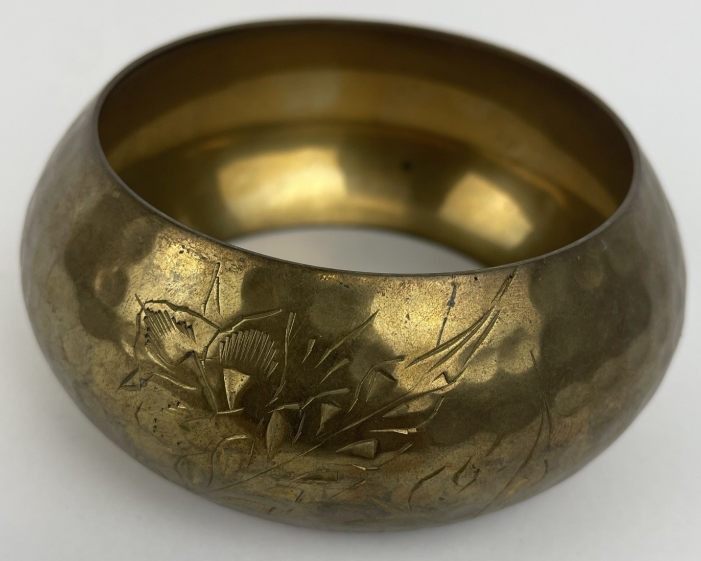 Floral Etched Brass Wide Chunky Large Hammered Bohemian Women’s Bangle Bracelet