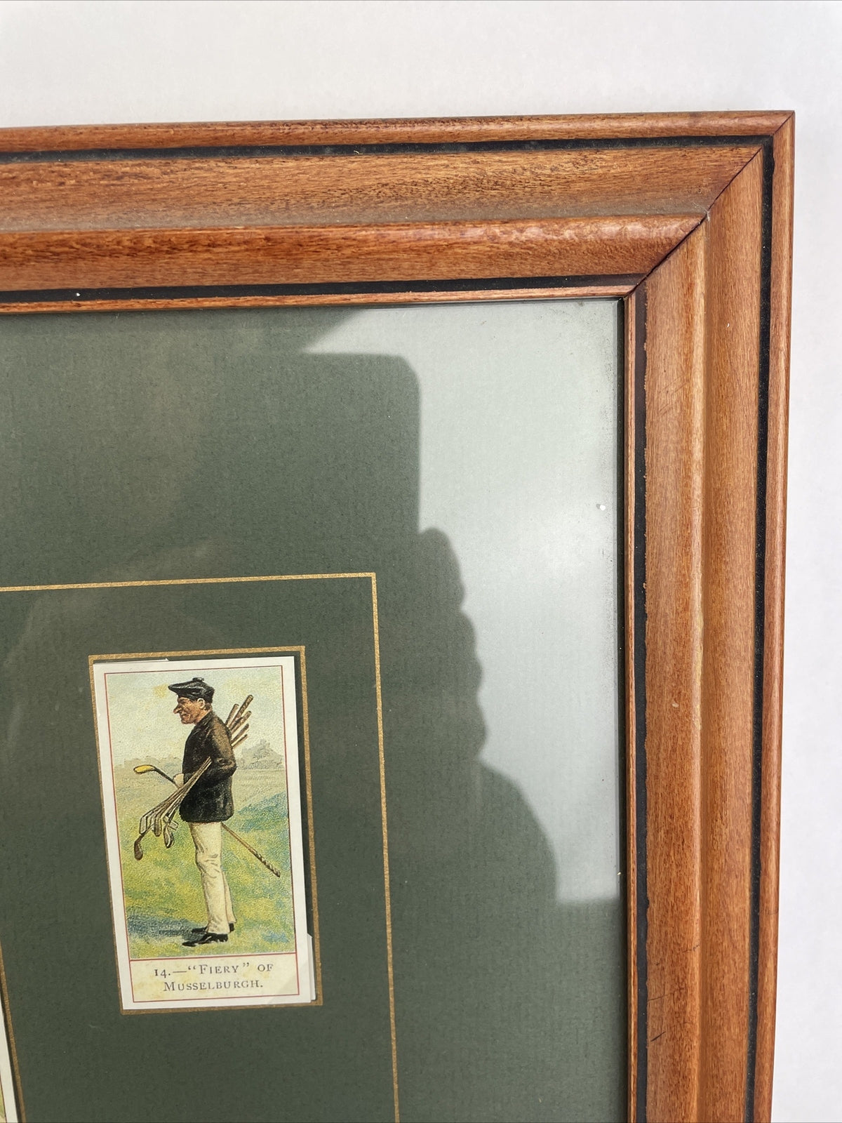Framed and matted collection of 18 vintage style cigar tobacco golf trading cards with historical information display artwork collectible memorabilia