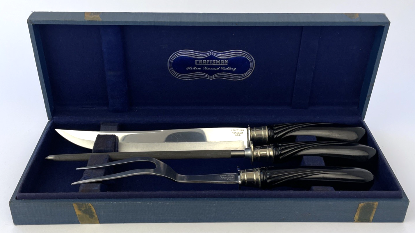 CRAFTSMAN CARVING SET HOLLOW GROUND CUTLERY ONYX Black Handle VINTAGE SET IN BOX