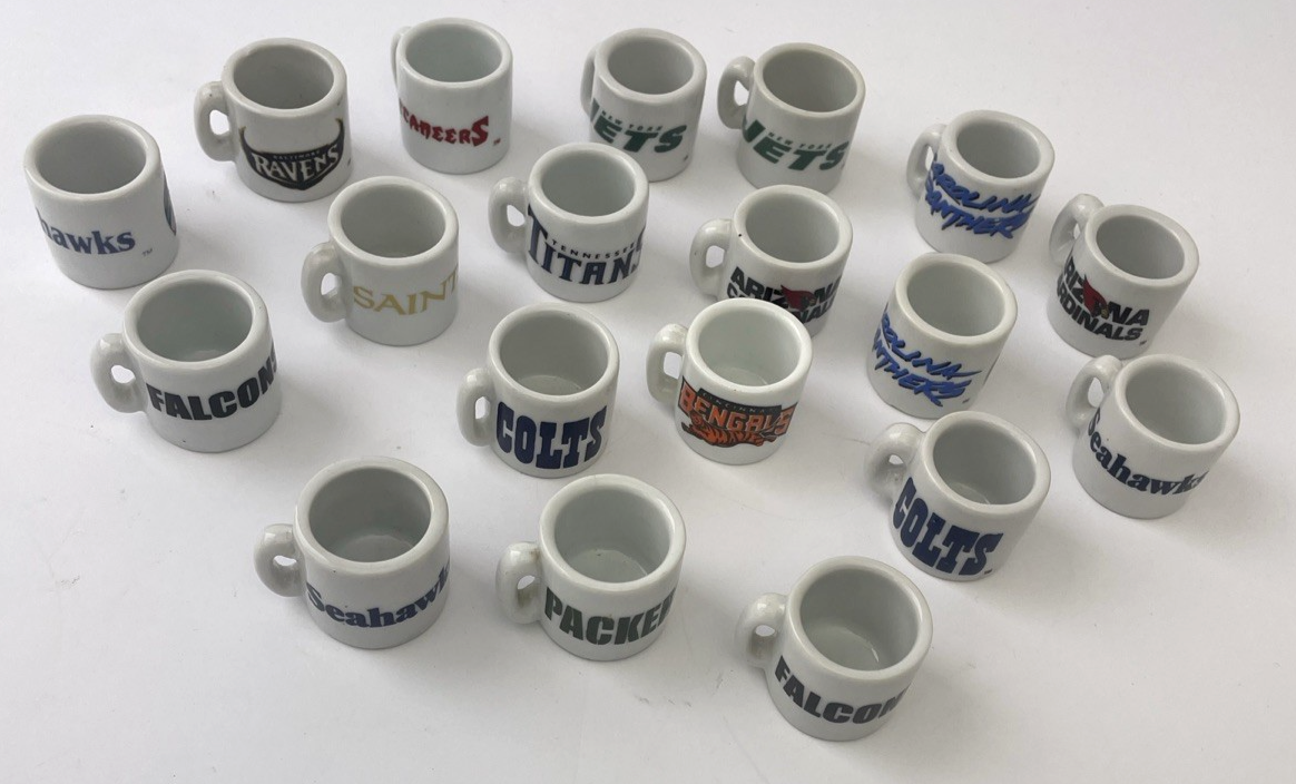 NFL Football Teams Mini Miniature Ceramic Coffee Mugs Team Logo Cups Lot Of 19