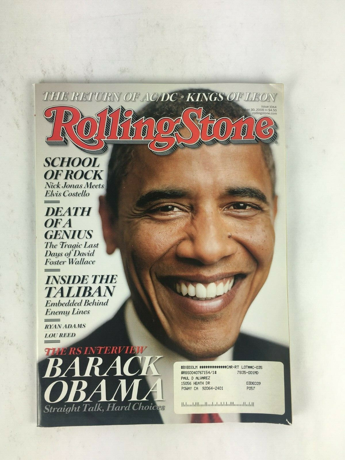 October 2008 RollingStone Magazine Barack Obama School of Rock Death of a Genius