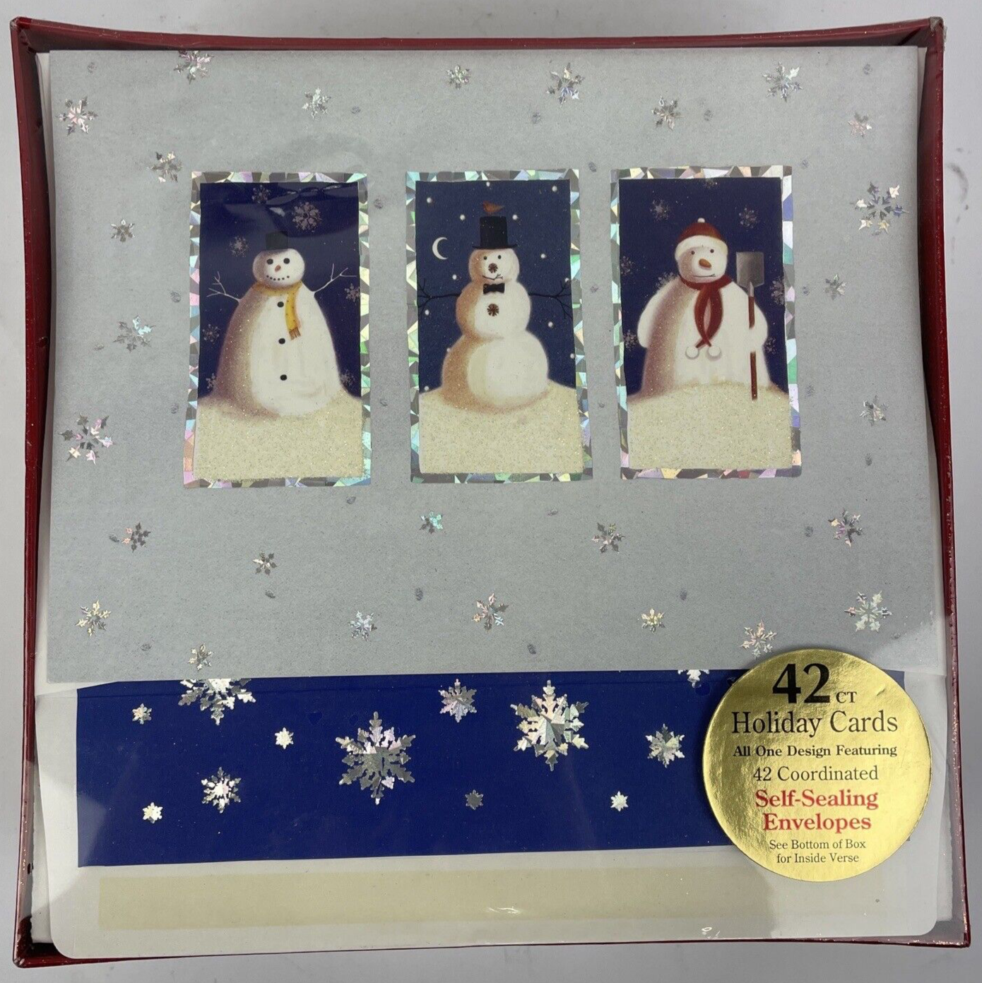 The 3 Snowman Boxed Silver Foil Christmas Cards 42 Ct  Envelopes Made In the USA