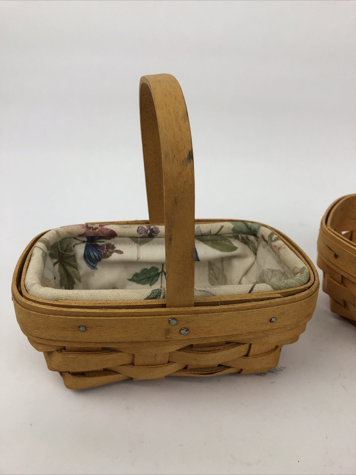 2 x Vintage Longaberger Baskets Two Small  1 With Floral Liner Dresden Ohio USA