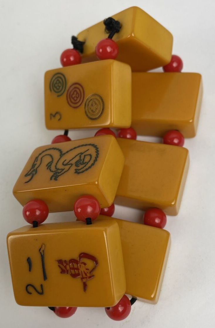 Vintage Bakelite MahJong Tile Bracelet Butterscotch w Red Moonglow Beads OSFA