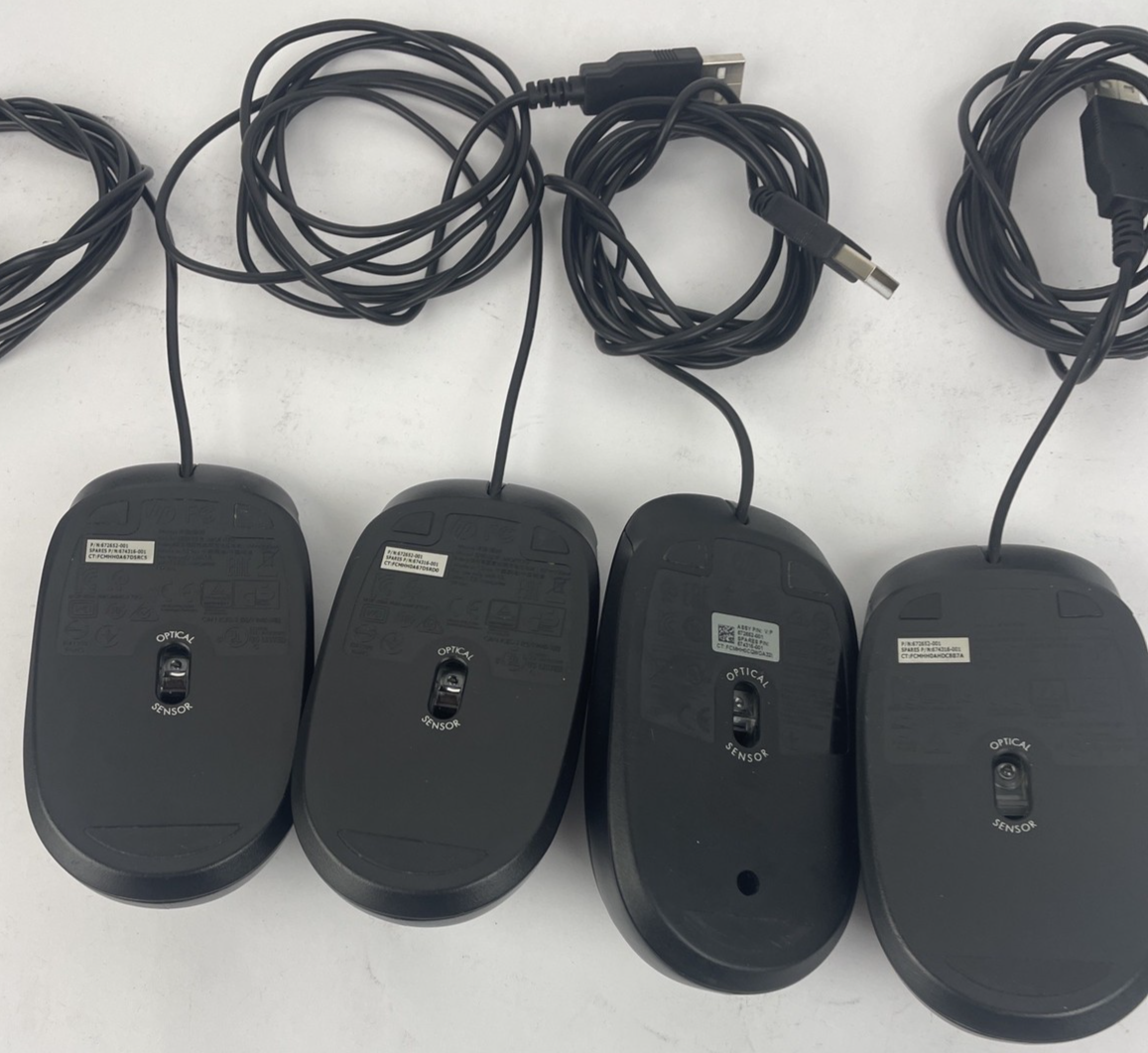 Lot of 4 HP Wired USB Optical Mouse Black 3 x Model MOFYUO and 1 x SM2022 - VGC