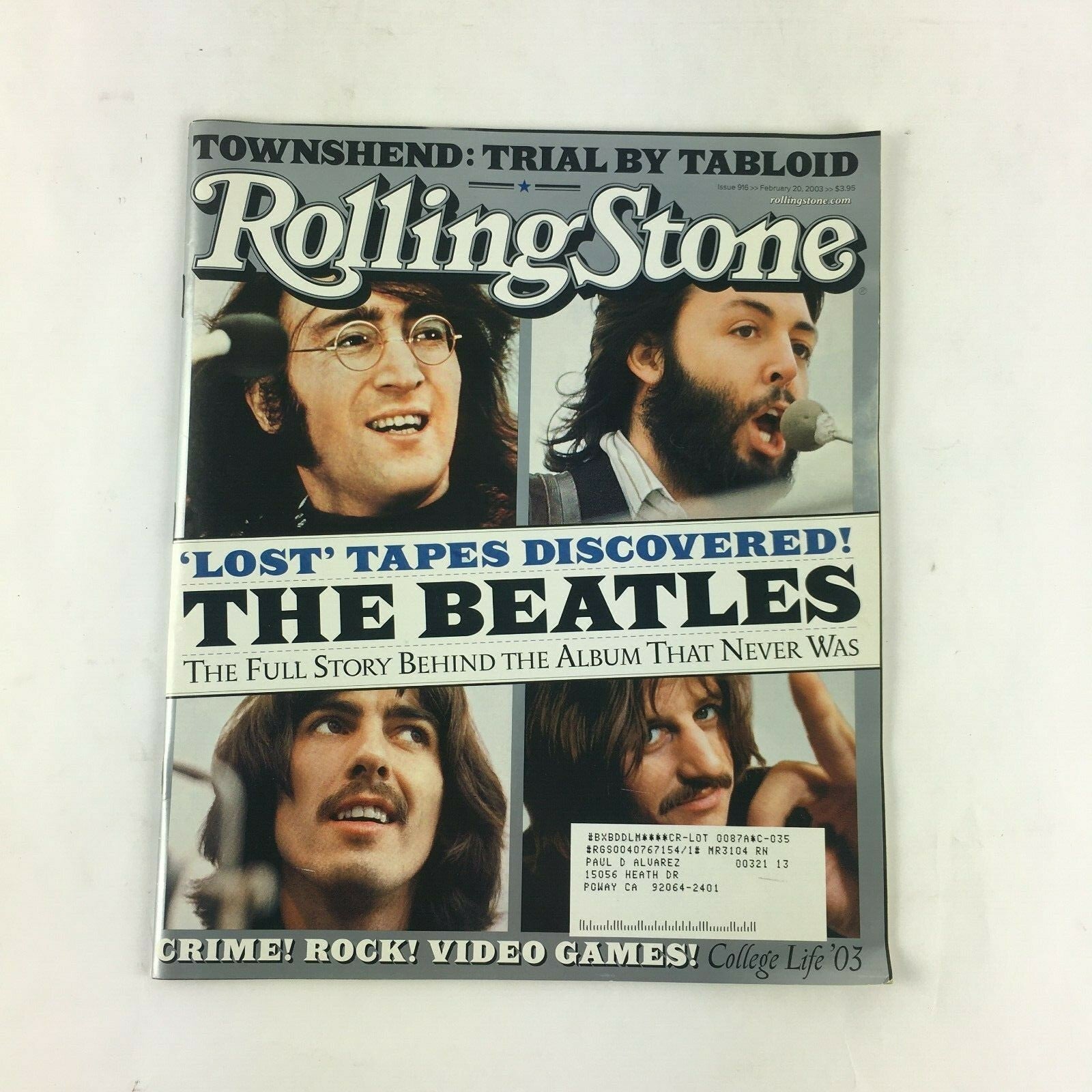 February 2003 RollingStone Magazine The Beatles 'Lost' Tapes Discovered ! Cime !